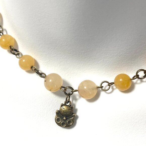 Genuine Yellow Aventurine Short Necklace,Bronze Fortune Cat + Natural Gemstone - Picture 1 of 16